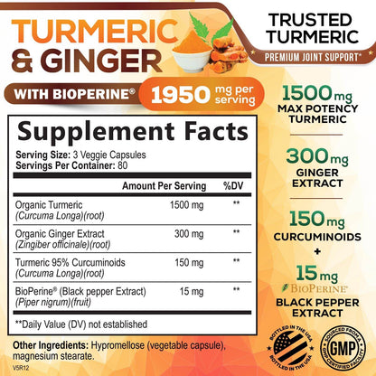 Turmeric Curcumin Supplement 1950mg with Organic Turmeric & Ginger, 95% Curcuminoids, BioPerine Black Pepper for Best Absorption, Nature's Vegan Joint Support, Non-GMO, Bottled in USA - 240 Capsules - zenfulharmony.com