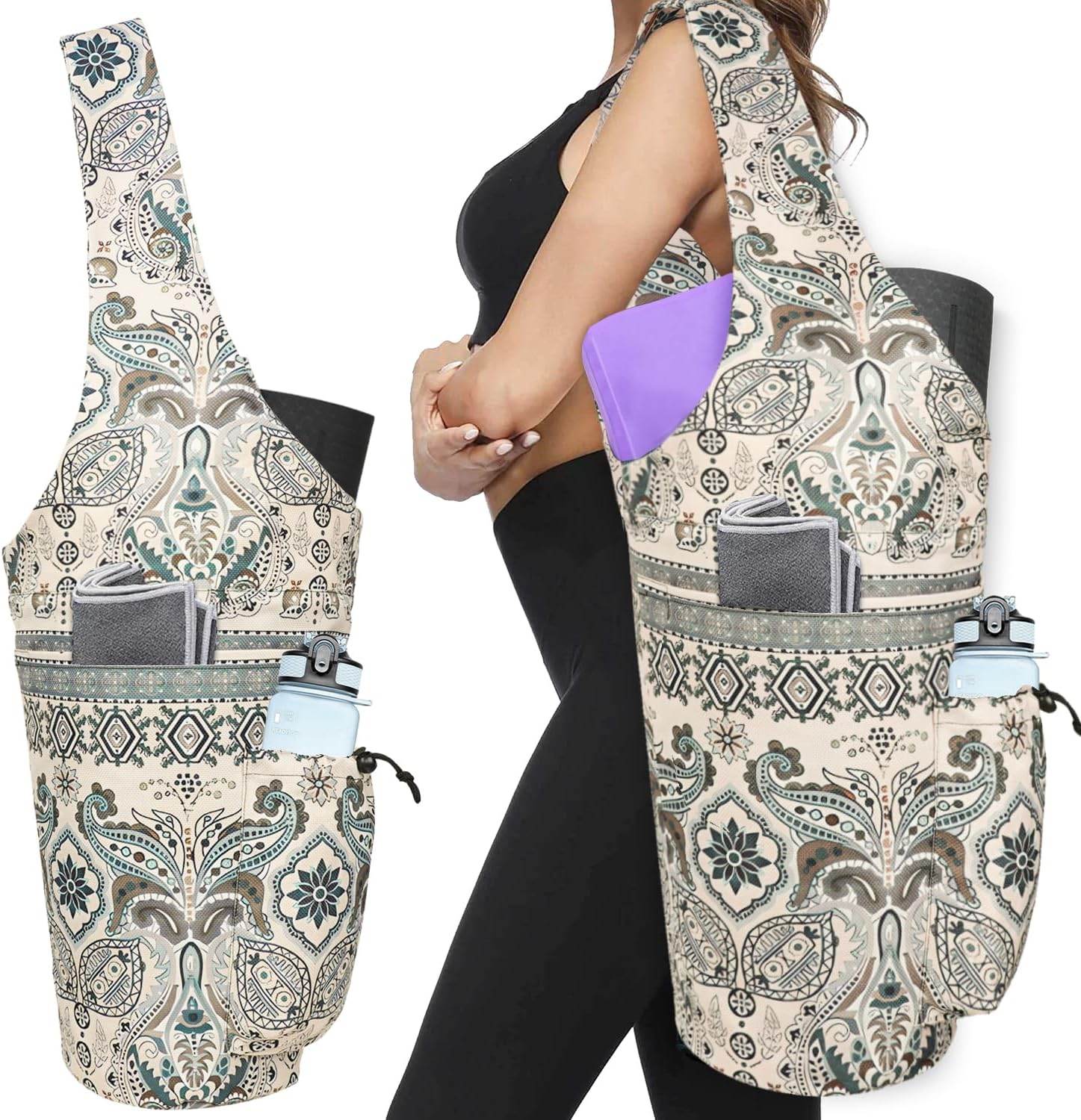 Yoga Mat Bag - Large Opening Long Tote Yoga Mat Carrier Holder Bag with Waterproof Wet Zipper Pocket and Drawstring Water Bottle Pocket - Yoga Bag Fit Most Size Mats - zenfulharmony.com