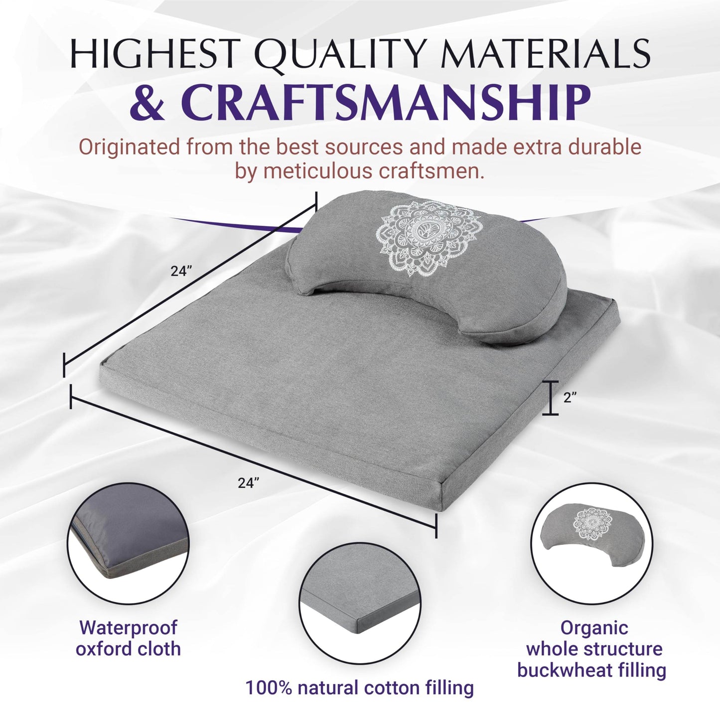 Almeara Meditation Cushion Set - Crescent Cushion & Large Square Floor Pillow | Buckwheat Bolster for Back Support | Waterproof Bottom for Outdoors - Incl. Large Bag & Gift Ready Box - 24in x 24in - zenfulharmony.com