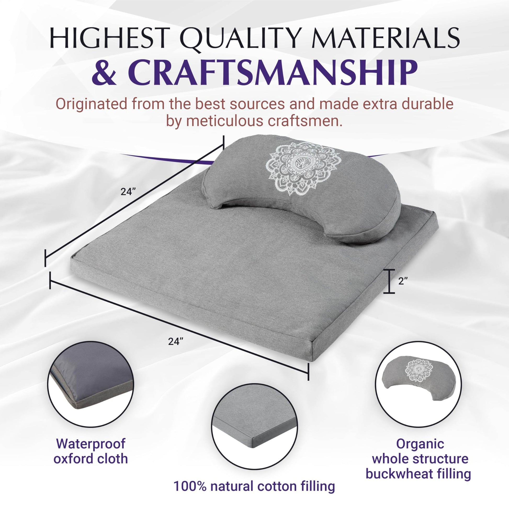 Almeara Meditation Cushion Set - Crescent Cushion & Large Square Floor Pillow | Buckwheat Bolster for Back Support | Waterproof Bottom for Outdoors - Incl. Large Bag & Gift Ready Box - 24in x 24in - zenfulharmony.com