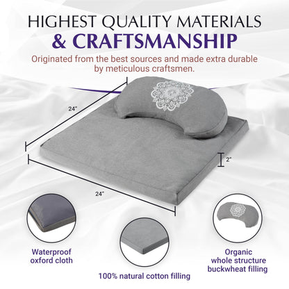 Almeara Meditation Cushion Set - Crescent Cushion & Large Square Floor Pillow | Buckwheat Bolster for Back Support | Waterproof Bottom for Outdoors - Incl. Large Bag & Gift Ready Box - 24in x 24in - zenfulharmony.com