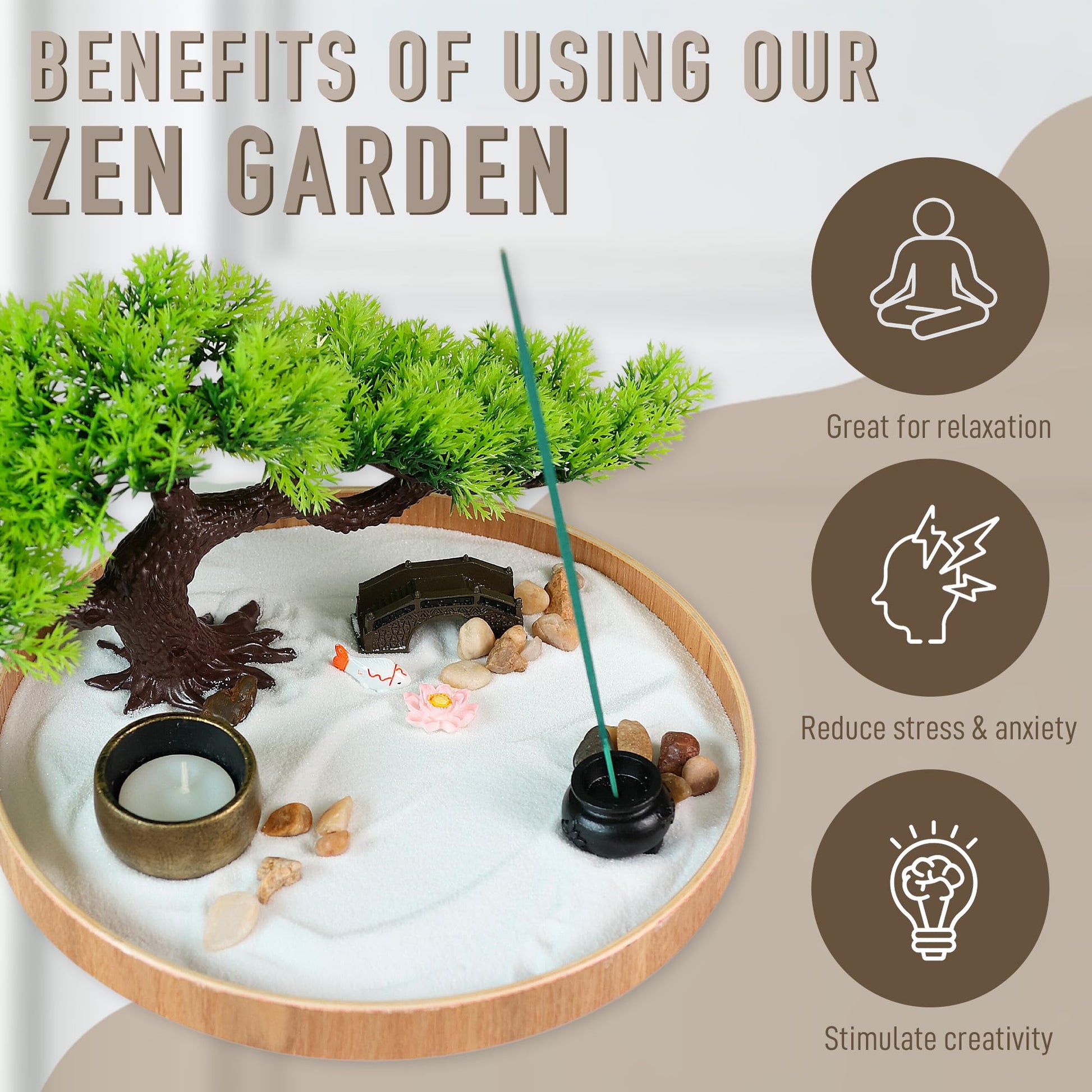 Japanese Zen Garden for Desk - Zen Garden Sand Kit, Artificial Bonsai Tree, Rakes & Accessories - Japanese Decor Office Home Desktop Relaxation Sandbox Decor. 9.5" Inches Wooden Round Tray - zenfulharmony.com