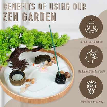 Japanese Zen Garden for Desk - Zen Garden Sand Kit, Artificial Bonsai Tree, Rakes & Accessories - Japanese Decor Office Home Desktop Relaxation Sandbox Decor. 9.5" Inches Wooden Round Tray - zenfulharmony.com
