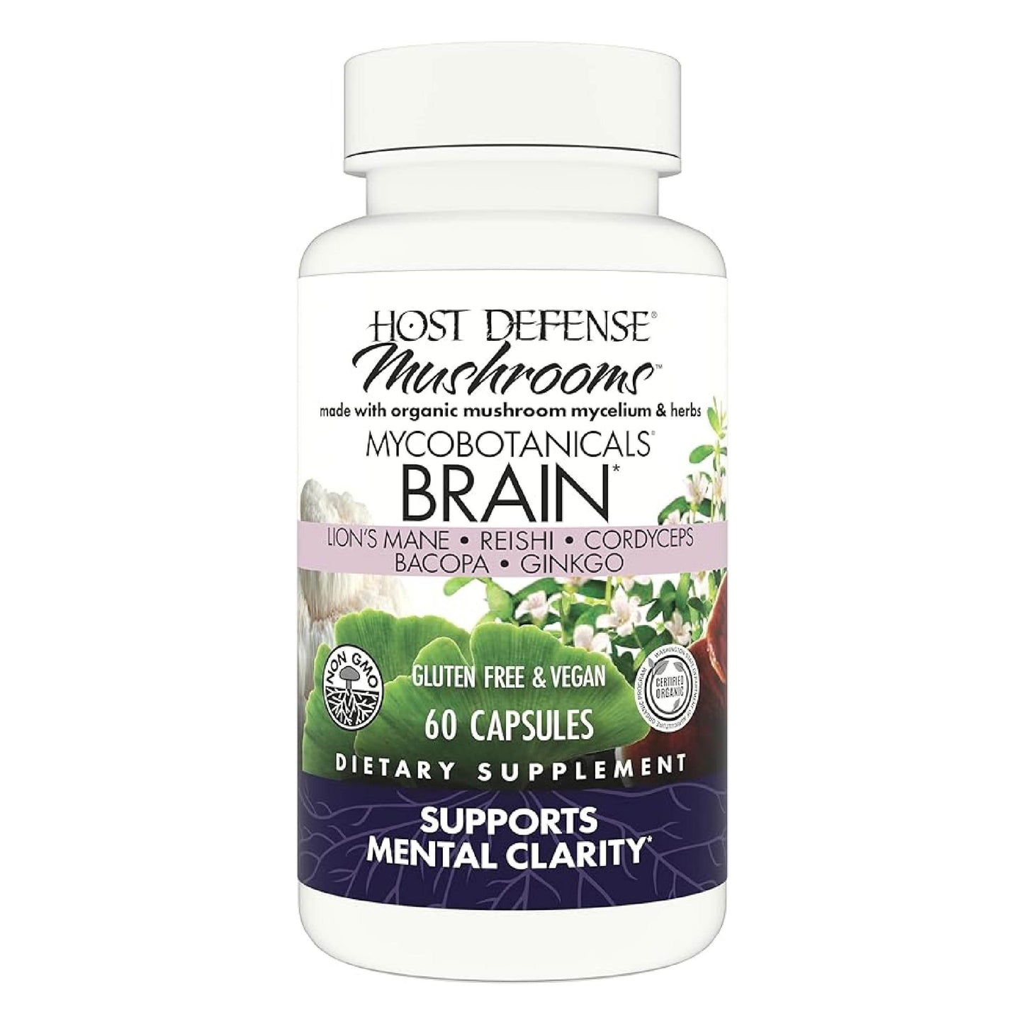 Host Defense MycoBotanicals Brain* Capsules - Brain Support Supplement with Lion's Mane, Reishi & Cordyceps Mushroom - Herbal Supplement for Memory & Focus Support - 60 Capsules (30 Servings)* - zenfulharmony.com