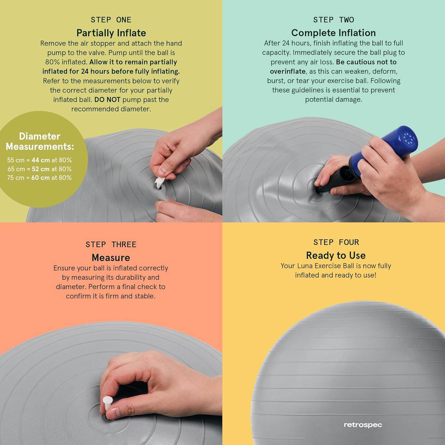 Retrospec Luna Exercise Ball, Base & Pump/Ball & Pump with Anti-Burst Material - Fitness Gym Swiss Ball - Perfect for Balance, Stability, Yoga, Pilates, Pregnancy & Birthing - zenfulharmony.com