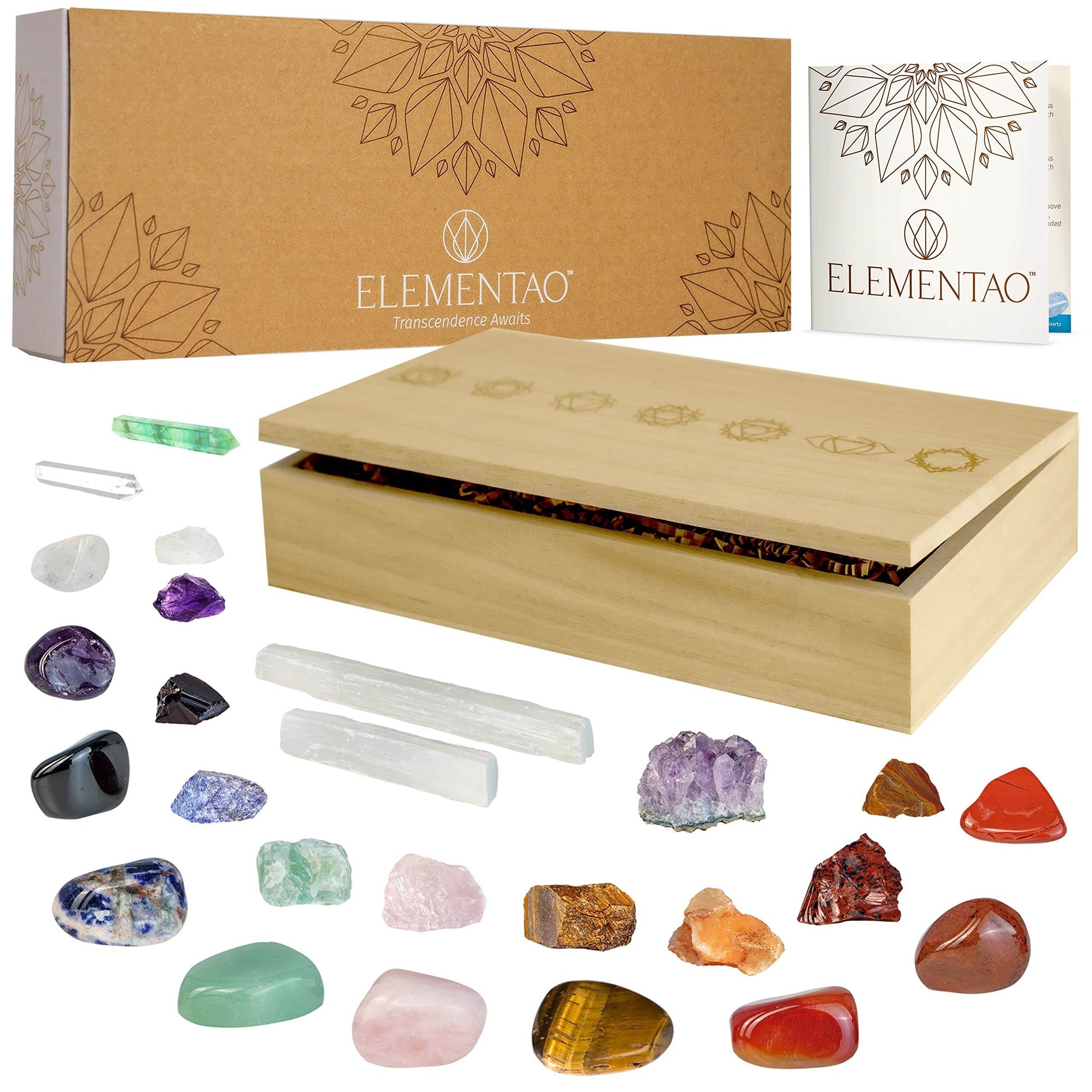 Elementao Chakra Crystals and Healing Stones – 25 Polished and Raw Gemstones and Storage Bag, Fluorite Wand and 2 Selenite Wands, Quartz Point and Engraved Wooden Box, Natural Crystal Set for - zenfulharmony.com