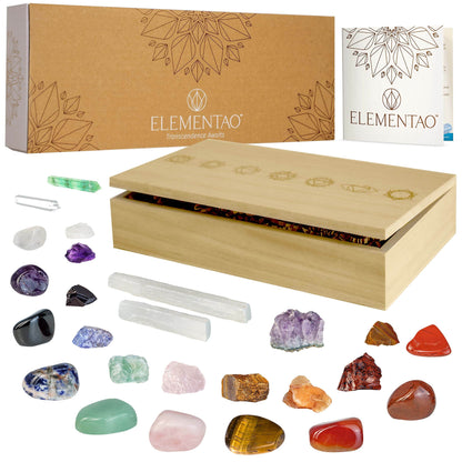 Elementao Chakra Crystals and Healing Stones – 25 Polished and Raw Gemstones and Storage Bag, Fluorite Wand and 2 Selenite Wands, Quartz Point and Engraved Wooden Box, Natural Crystal Set for - zenfulharmony.com