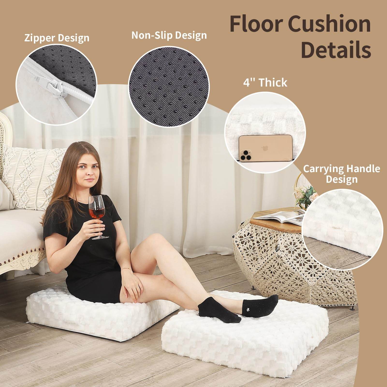 LOVMOC 22 inches Meditation Floor Pillow, 2 Pack Square Large Floor Cushions for Adults, Thick Memory Foam Seat Cushions for Yoga, Living Room, Sofa, Tatami, Cream - zenfulharmony.com