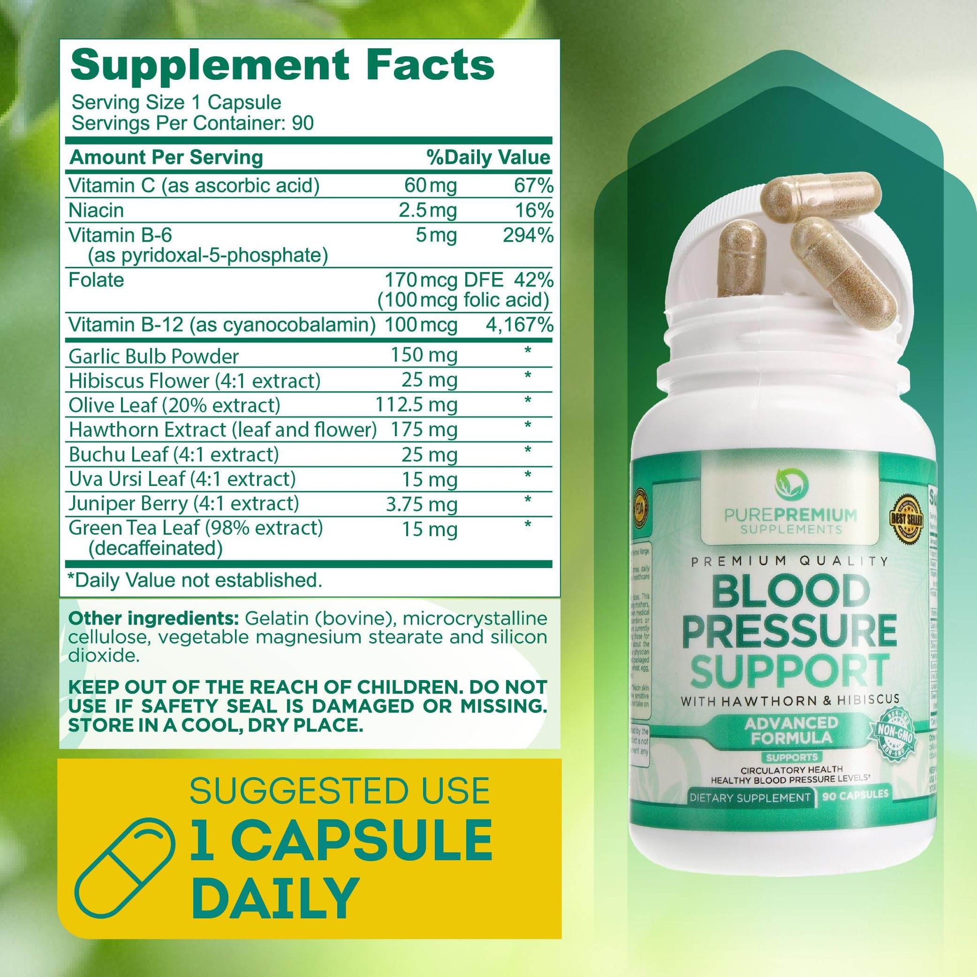 PurePremium Supplements Blood Pressure Supplements with Hawthorn Berry, Hibiscus - Nitric Oxide for Normal Blood Pressure Support w/Vitamin B12 - Garlic Supplements for Normal Nitric Oxide - 90 Caps - zenfulharmony.com