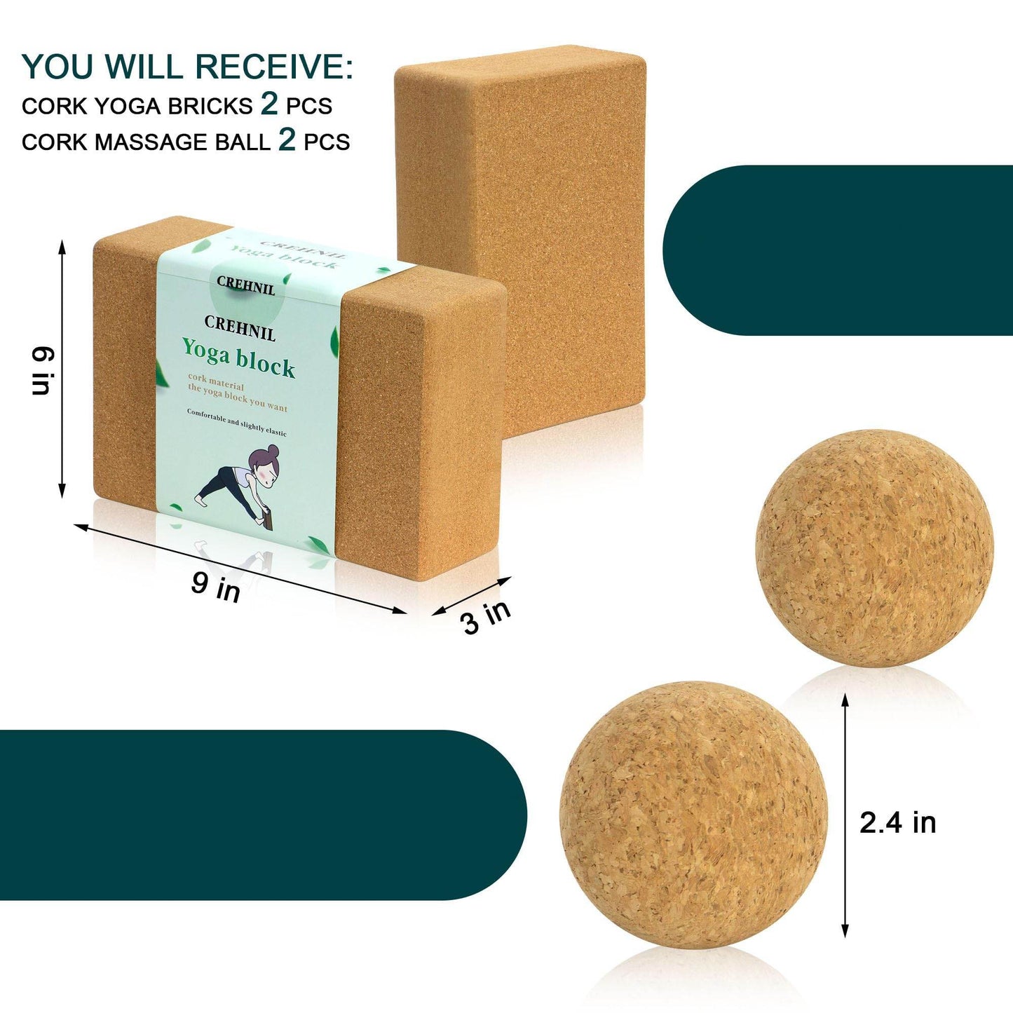 CREHNIL High Density Cork Wood Yoga Blocks 2 Pack Pilates Soft Brick Workout Handstand Set 9x6x3 (Cork) - zenfulharmony.com