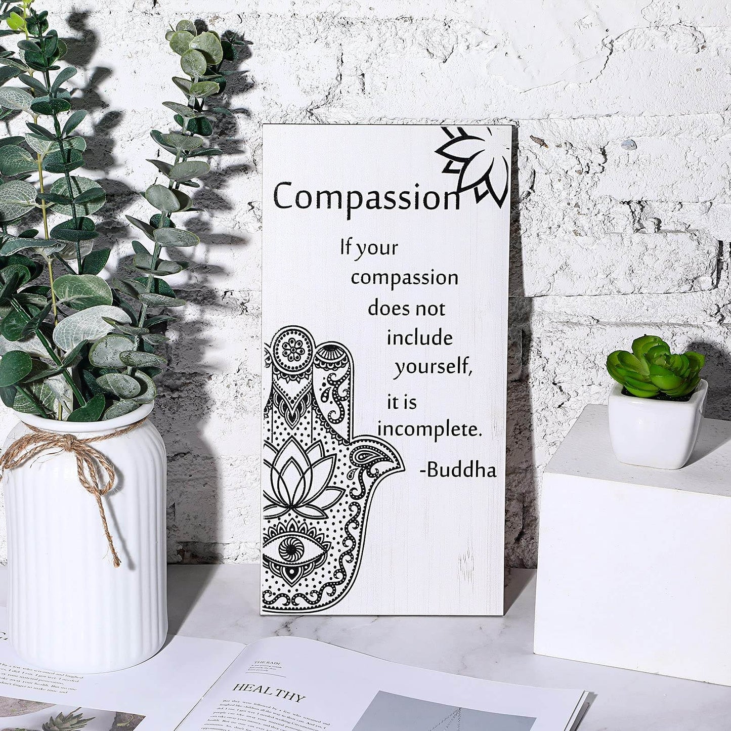 Buddha Quotes 2 Pieces Inspirational Quote Wall Decor Zen Meditation Wooden Hanging, Meditation Buddha [Wall] [Art]s for Home Living Room Yoga [Decor]s (Compassion) - zenfulharmony.com