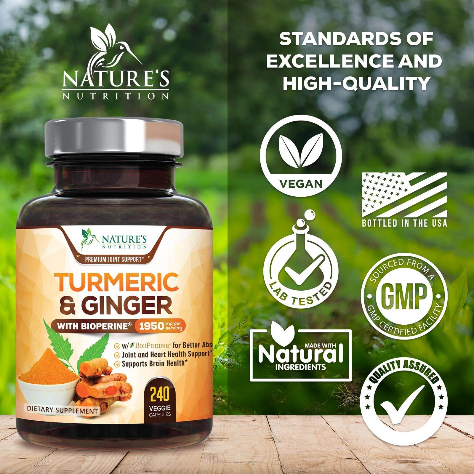 Turmeric Curcumin Supplement 1950mg with Organic Turmeric & Ginger, 95% Curcuminoids, BioPerine Black Pepper for Best Absorption, Nature's Vegan Joint Support, Non-GMO, Bottled in USA - 240 Capsules - zenfulharmony.com