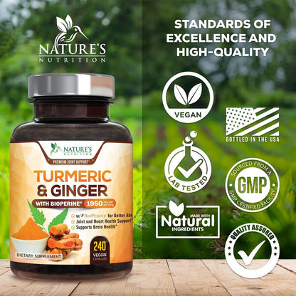 Turmeric Curcumin Supplement 1950mg with Organic Turmeric & Ginger, 95% Curcuminoids, BioPerine Black Pepper for Best Absorption, Nature's Vegan Joint Support, Non-GMO, Bottled in USA - 240 Capsules - zenfulharmony.com