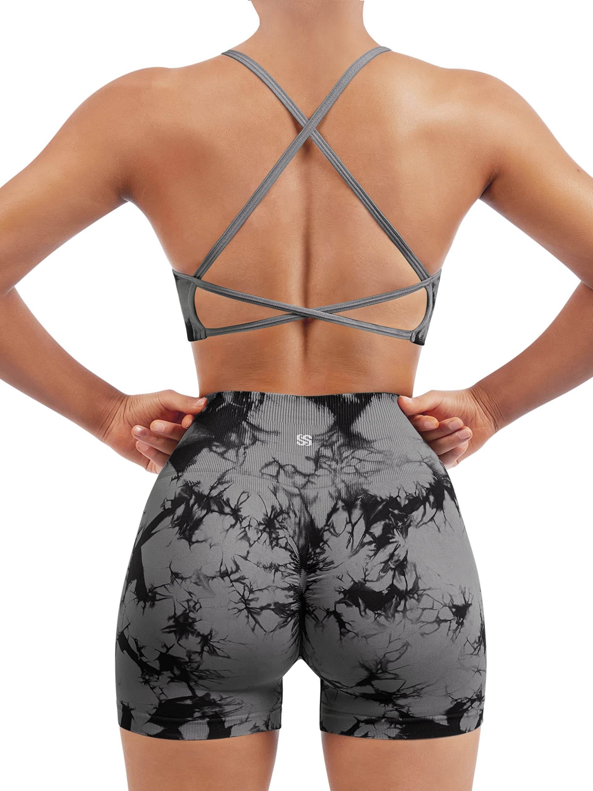 SUUKSESS Women Seamless 2 piece Workout Sets Strappy Padded Sports Bra Booty High Waisted Shorts Outfits (Black Grey,M) - zenfulharmony.com
