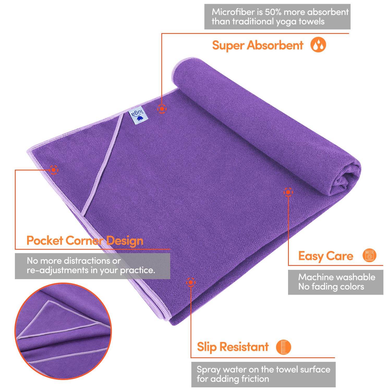 IUGA Yoga Towel for Hot Yoga Non Slip Extra Thick Yoga Mat Towel + Hand Towel 2in1 Set with Corner Pockets Super Absorbent and Quick Dry Hot Yoga Towel - zenfulharmony.com