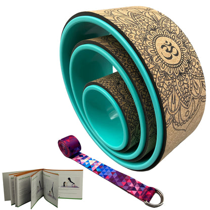 Aozora Yoga Wheel 13" with Most Detailed Book Step by Step Guide on How to Do 30+ Poses,! Perfect for Stretching and Improving Backbends (3 Pack - 6, 10 & 13" -Cork/Turquoise +strap) - zenfulharmony.com