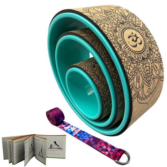 Aozora Yoga Wheel 13" with Most Detailed Book Step by Step Guide on How to Do 30+ Poses,! Perfect for Stretching and Improving Backbends (3 Pack - 6, 10 & 13" -Cork/Turquoise +strap) - zenfulharmony.com