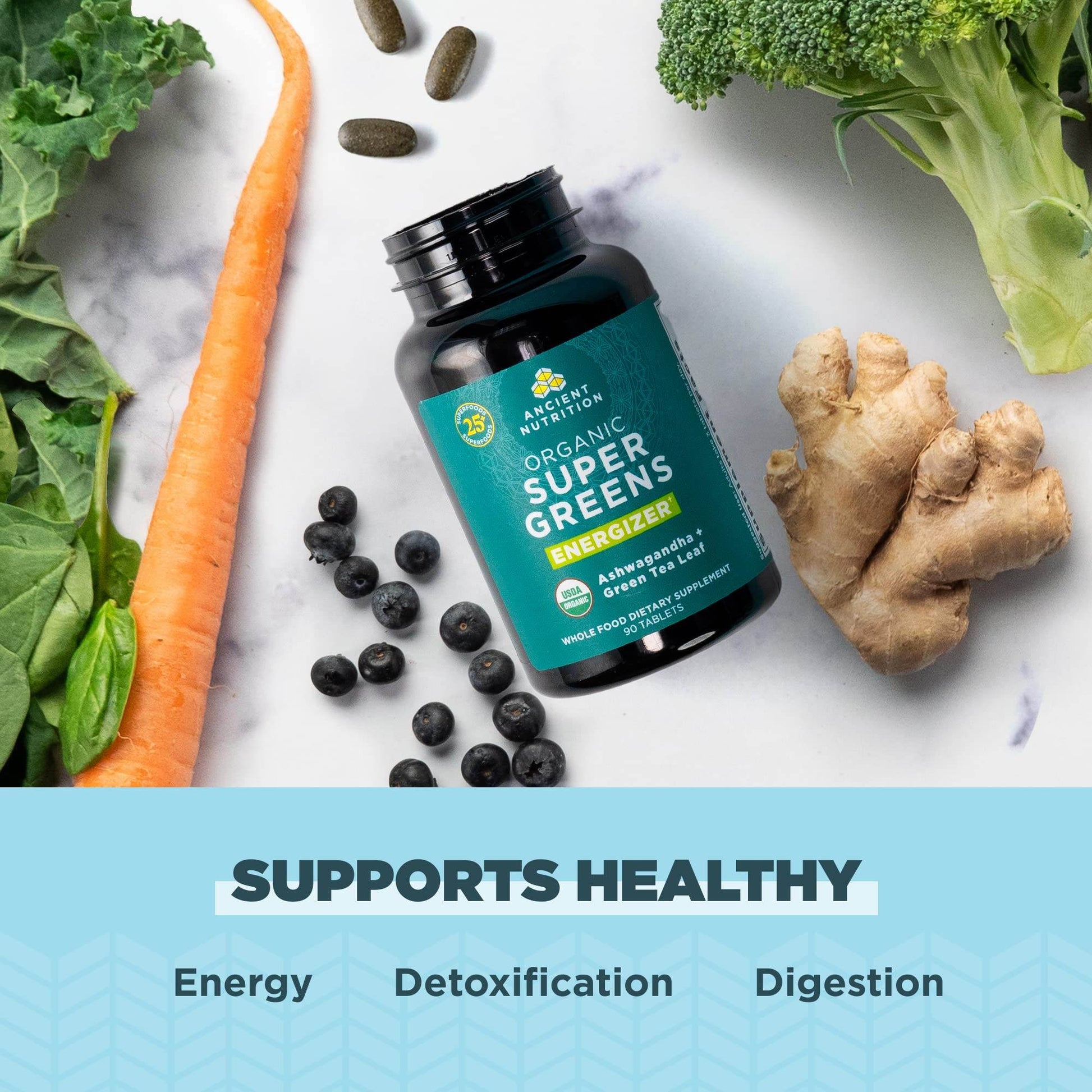 Ancient Nutrition Supergreens Energizer Tablets, Organic Superfood Tablets with Caffeine, Made from Real Fruits, Vegetables and Herbs, for Digestive and Energy Support, 90 Count - zenfulharmony.com