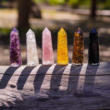 Healing Crystal Wand Set of 6 Orgonite – Includes 3” Amethyst Crystal, Tigers Eye, Rose Quartz, Black Tourmaline Stone, Citrine and Clear Quartz Orgone Crystal Plus Black Tourmaline Necklace - zenfulharmony.com