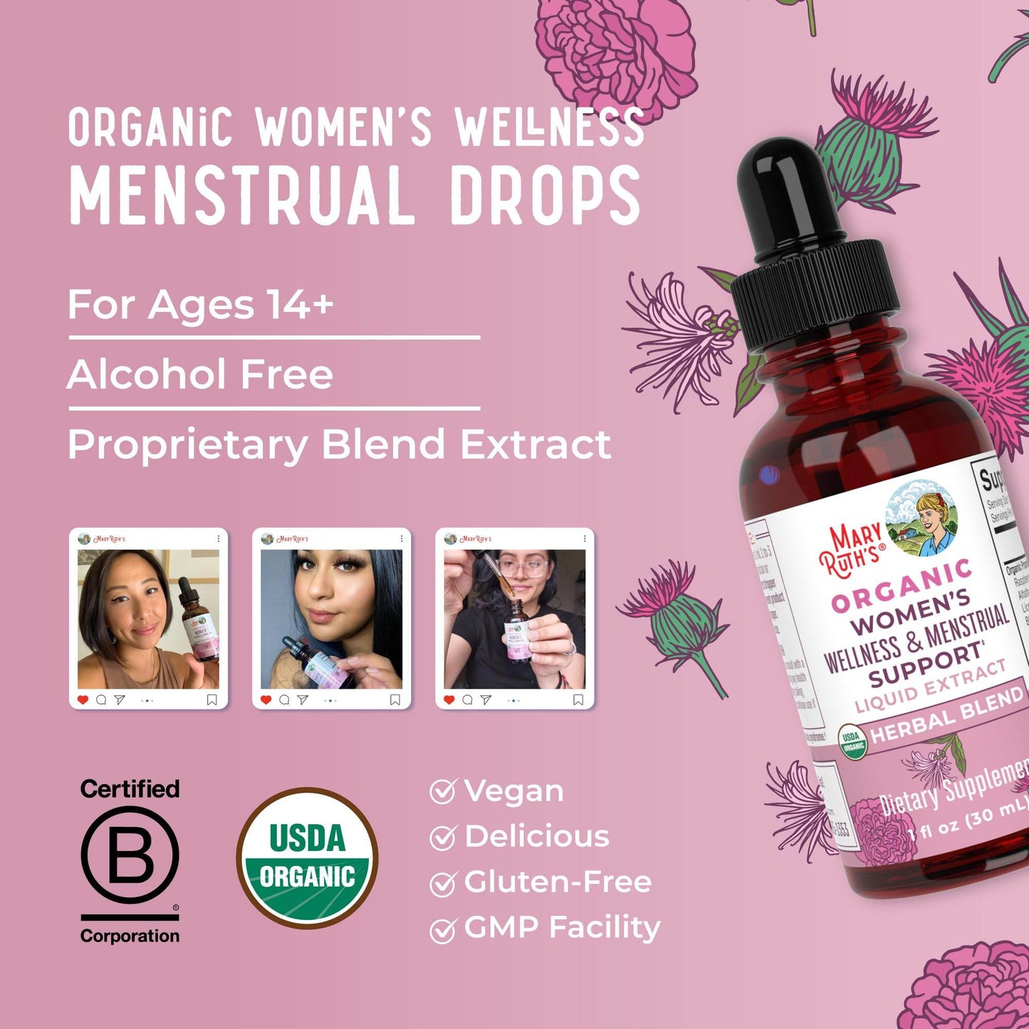 MaryRuth Organics USDA Organic Women's Wellness Liquid Herbal Supplements | Includes Stinging Nettle, Raspberry Leaf, Eleuthero Root, Chaste Tree Berry | Menstrual Support | Non-GMO, Vegan - zenfulharmony.com