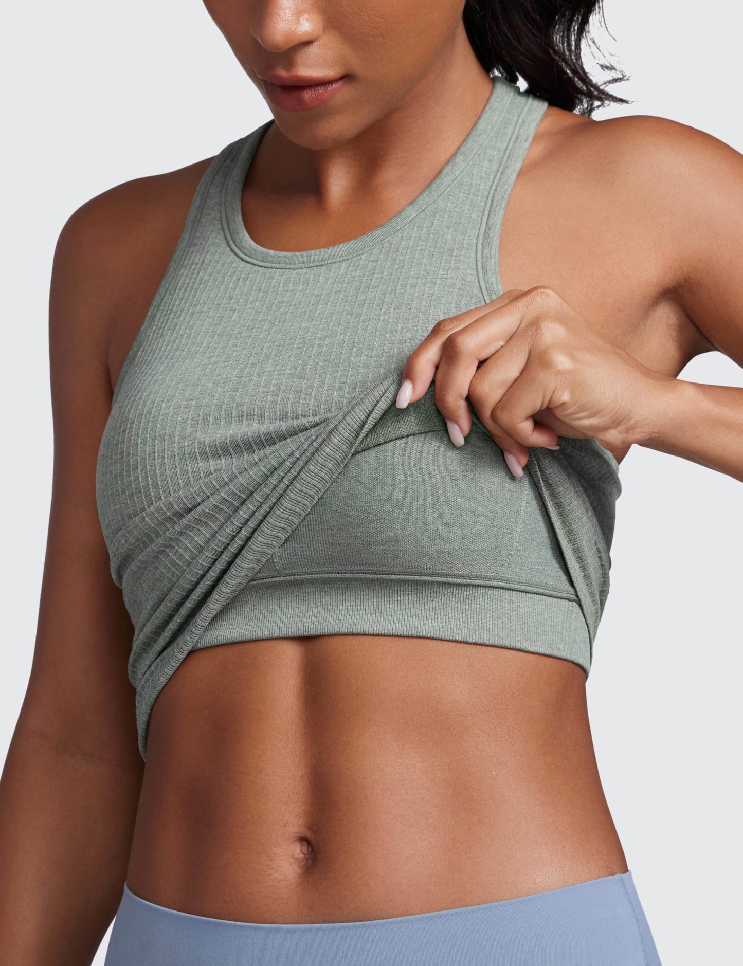 CRZ YOGA Womens Seamless Ribbed Longline High Neck Sports Bra - Racerback Padded Slim Fit Crop Tank Top with Built in Bra Dark Green Heather Medium - zenfulharmony.com