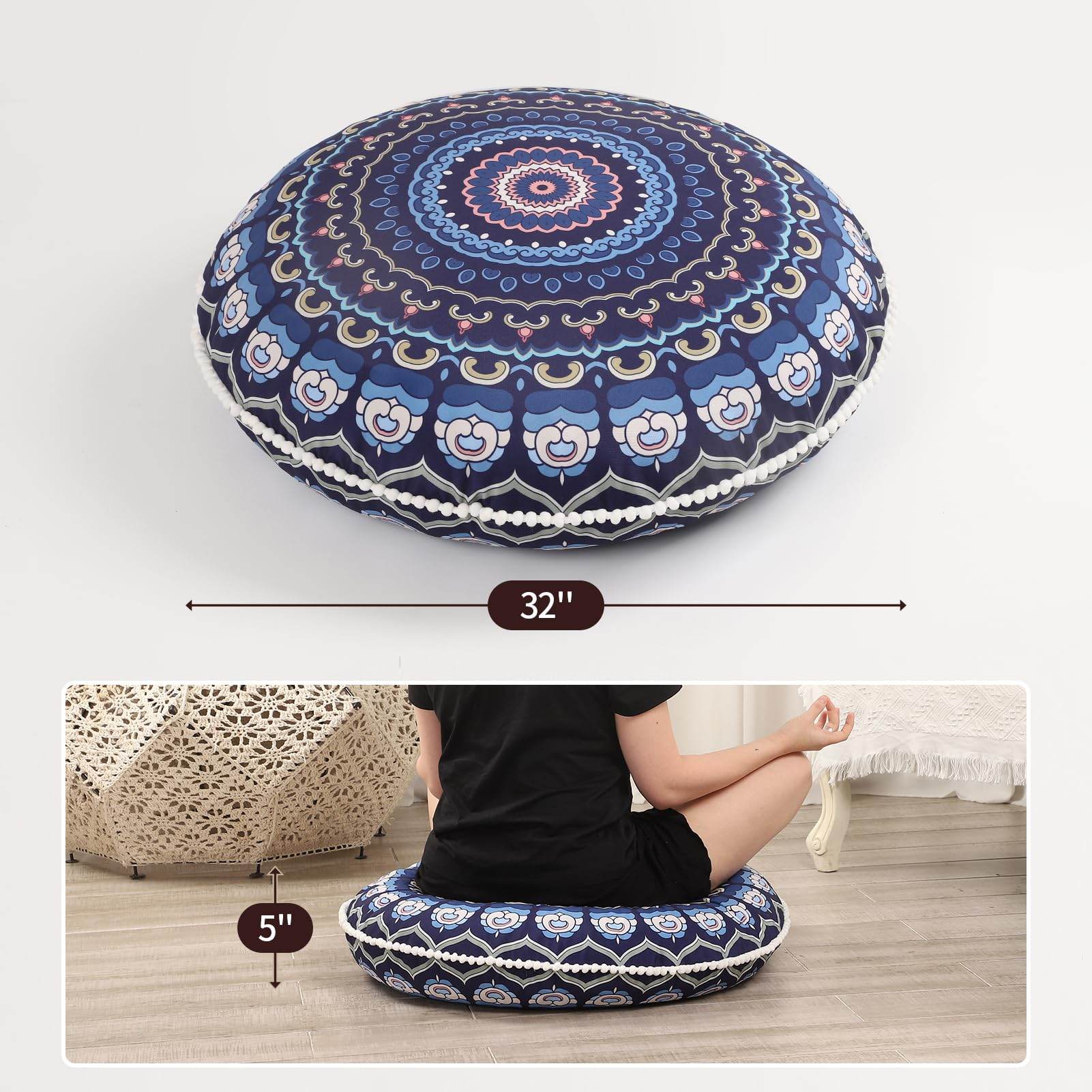 LOVMOC 32 inches Meditation Floor Cushion for Adults, Round Large Thick Floor Pillow, Memory Foam Filling, Navy Blue - zenfulharmony.com
