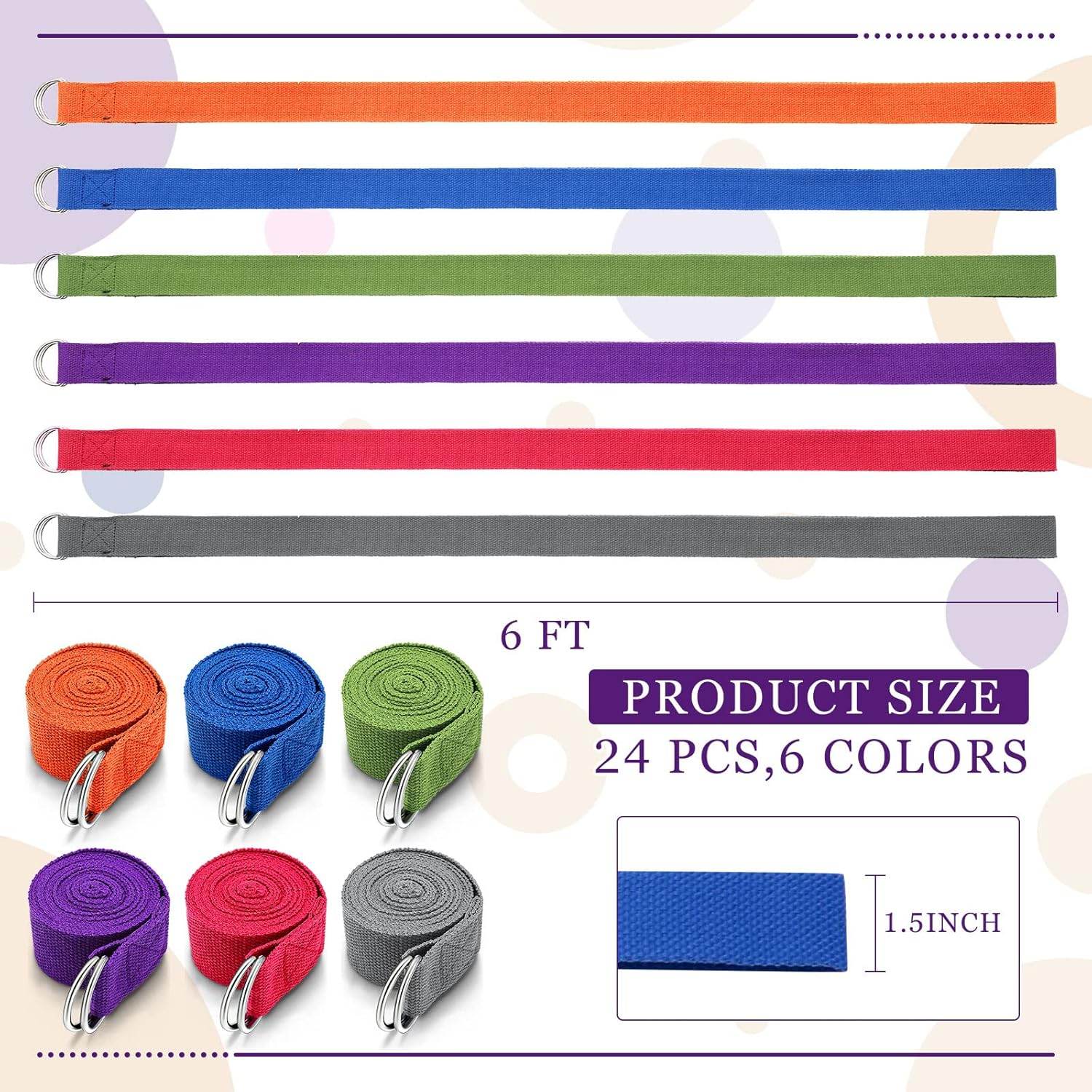 Leyndo 24 Pieces Yoga Strap Stretching Pilates Exercise Adjustable Straps 6 ft Non Elastic Yoga Belt with Adjustable D Ring Buckle for Pilates Gym Workouts Fitness - zenfulharmony.com