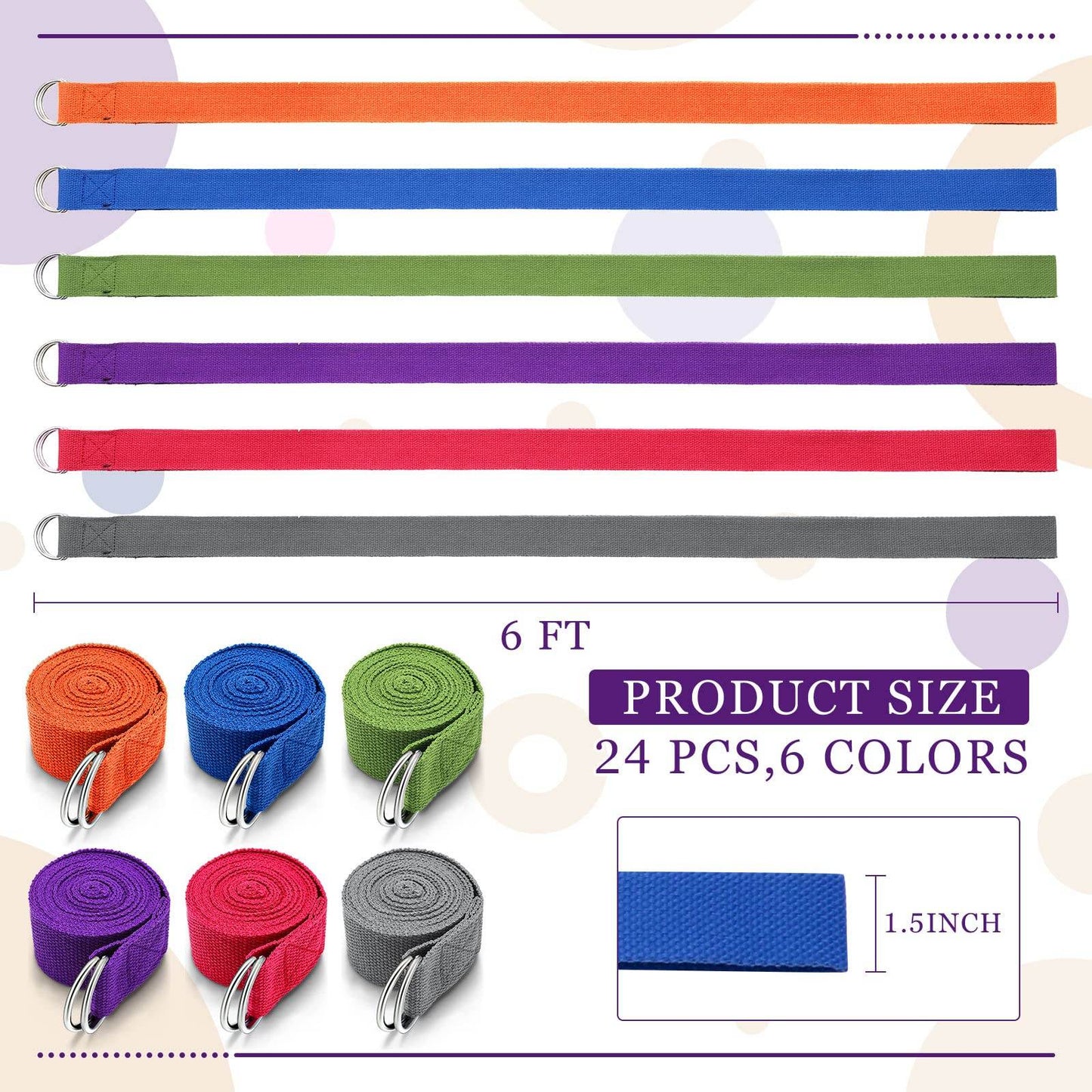 Leyndo 24 Pieces Yoga Strap for Stretching Yoga Exercise Adjustable Straps for Yoga Classes 6 Ft Non Elastic Yoga Belt with Adjustable D Ring Buckle for Pilates Gym Workouts Yoga Fitness (Bright) - zenfulharmony.com