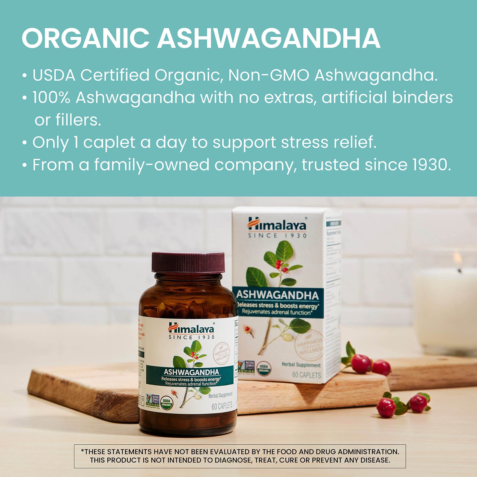 Himalaya Organic Ashwagandha, 60 Day Supply, Herbal Supplement for Stress Relief, Energy Support, Occasional Sleeplessness, Organic, Non-GMO, Vegan, Gluten Free, 670 mg, 60 Caplets - zenfulharmony.com