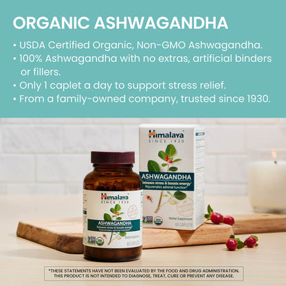 Himalaya Organic Ashwagandha, 60 Day Supply, Herbal Supplement for Stress Relief, Energy Support, Occasional Sleeplessness, Organic, Non-GMO, Vegan, Gluten Free, 670 mg, 60 Caplets - zenfulharmony.com