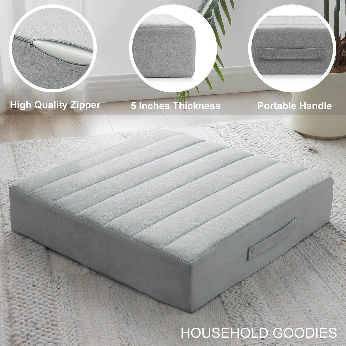 JKMAX 22 inches Floor Pillow for Adults - Large Meditation Cushion with Thick Foam & Soft Tufted Cover - Premium Outdoor Square Floor Cushion Seat - Yoga Pillows for Sitting On Floor - Light Gray - zenfulharmony.com