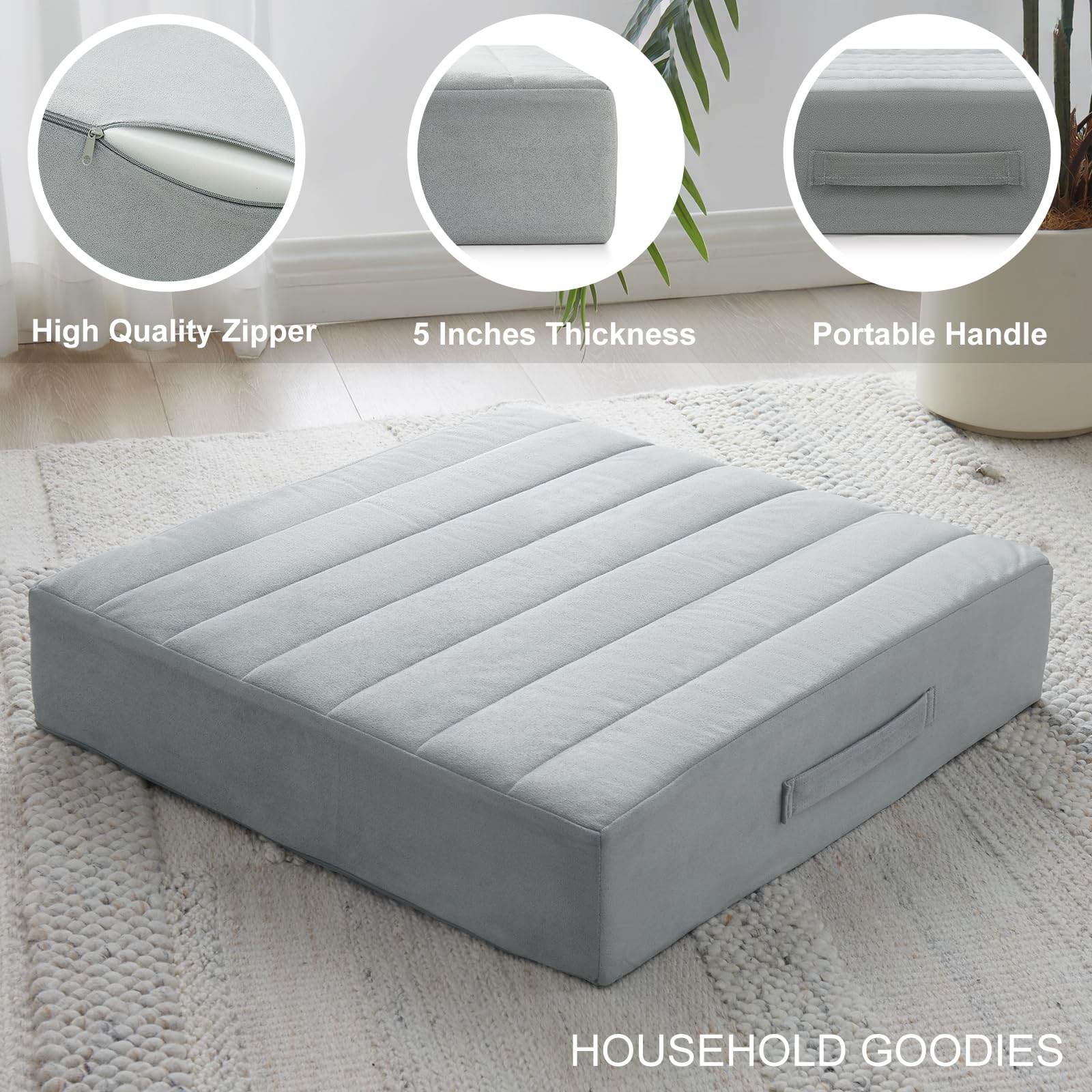JKMAX 22 inches Floor Pillow for Adults - Large Meditation Cushion with Thick Foam & Soft Tufted Cover - Premium Outdoor Square Floor Cushion Seat - Yoga Pillows for Sitting On Floor - Light Gray - zenfulharmony.com