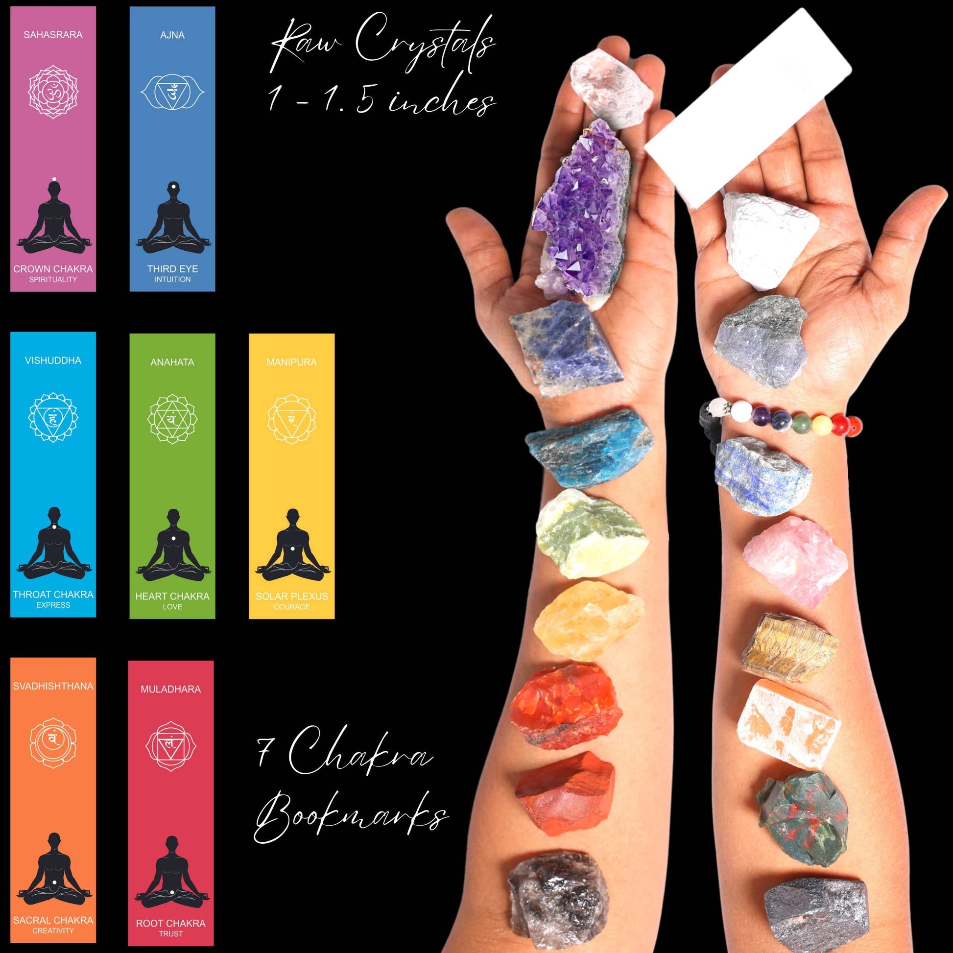 42 PCS Premium Crystals and Healing Stones Set for 9 Chakra: 19 Raw Crystals (Selenite Stick), 1 Angel, 1 Worry Stone, 1 Bracelet, 1 Grid Cloth, 1 Dowser, 9 Poster, 7 Bookmark, 1 Guide, 1 Glue Roll - zenfulharmony.com