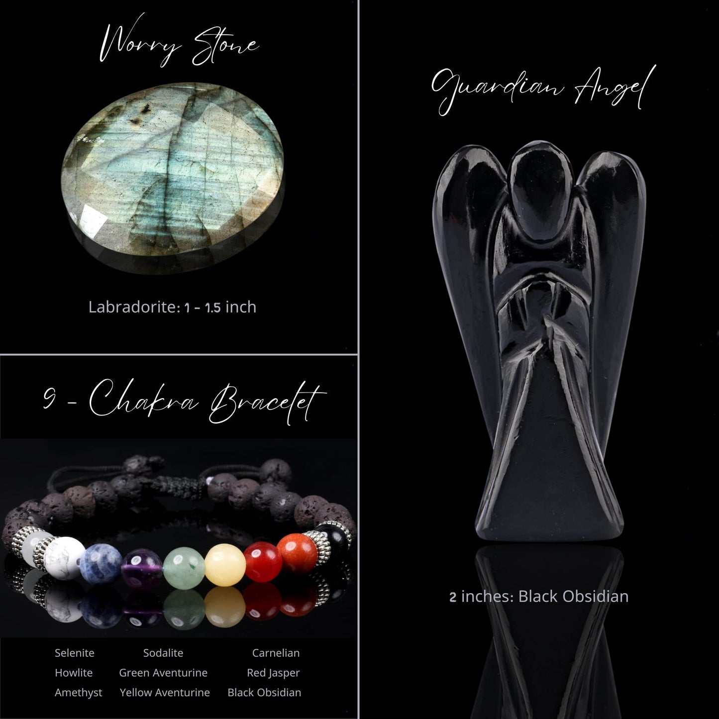 42 PCS Premium Crystals and Healing Stones Set for 9 Chakra: 19 Raw Crystals (Selenite Stick), 1 Angel, 1 Worry Stone, 1 Bracelet, 1 Grid Cloth, 1 Dowser, 9 Poster, 7 Bookmark, 1 Guide, 1 Glue Roll - zenfulharmony.com