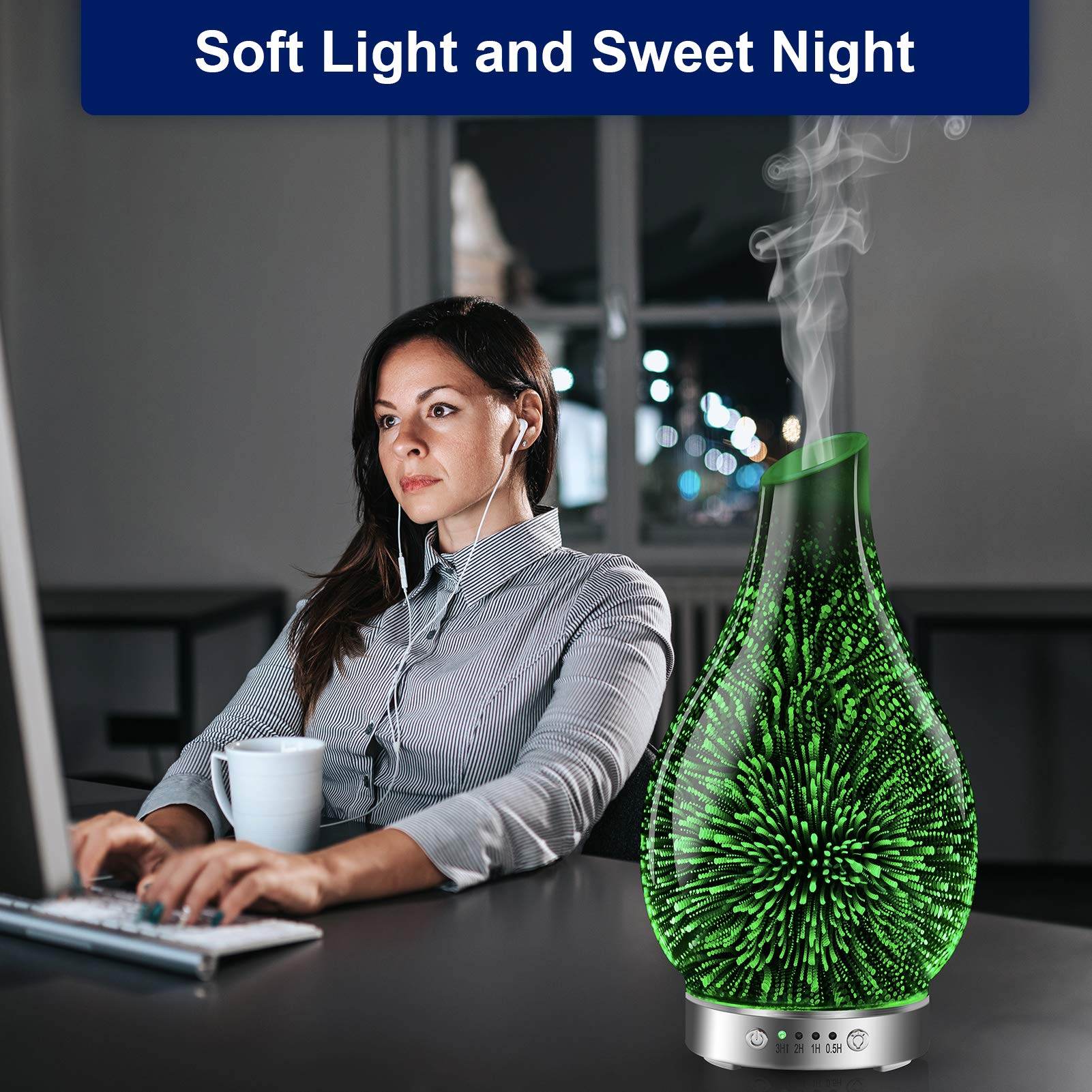MAXWINER Essential Oil Diffusers Ultrasonic 3D Glass Aromatherapy Diffuser, Auto Shut-Off, Timer Setting, 7 Colors LED Lights Changing for Home, Office, Spa 120ml - zenfulharmony.com