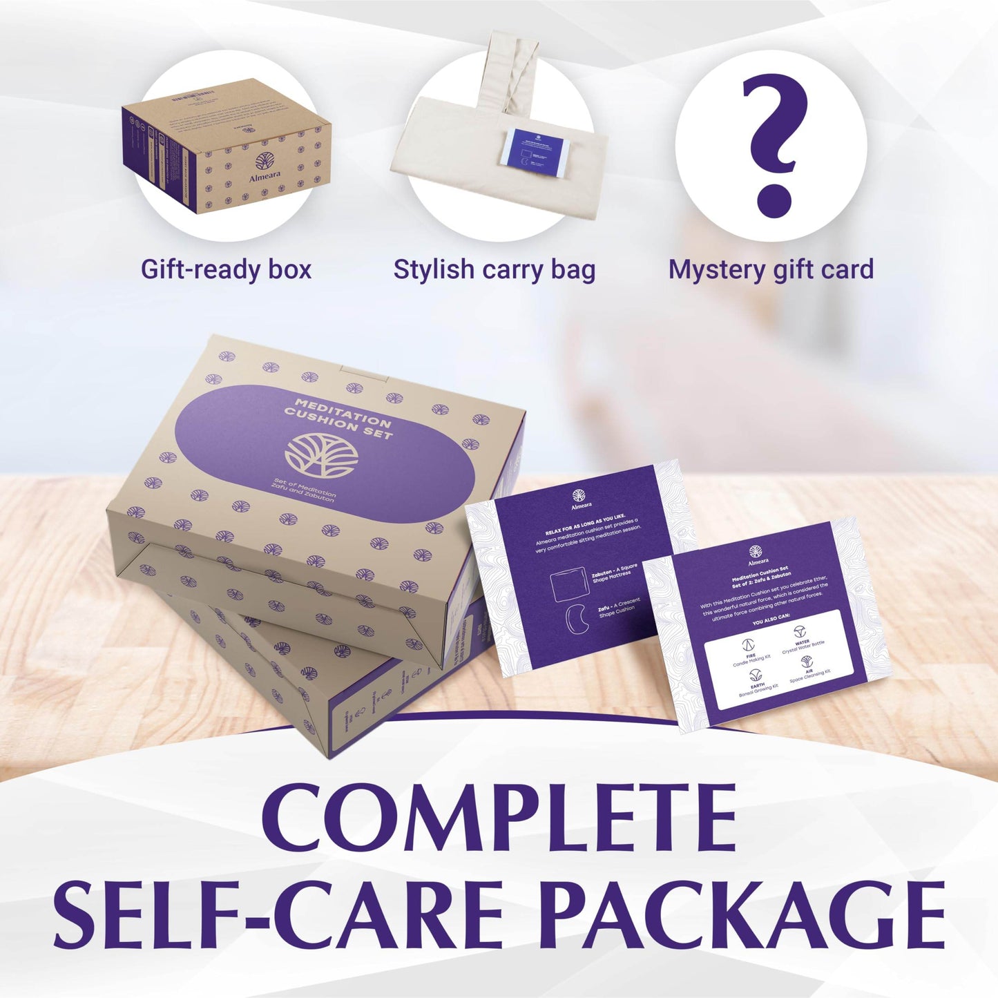 Almeara Meditation Cushion Set - Crescent Cushion & Large Square Floor Pillow | Buckwheat Bolster for Back Support | Waterproof Bottom for Outdoors - Incl. Large Bag & Gift Ready Box - 24in x 24in - zenfulharmony.com