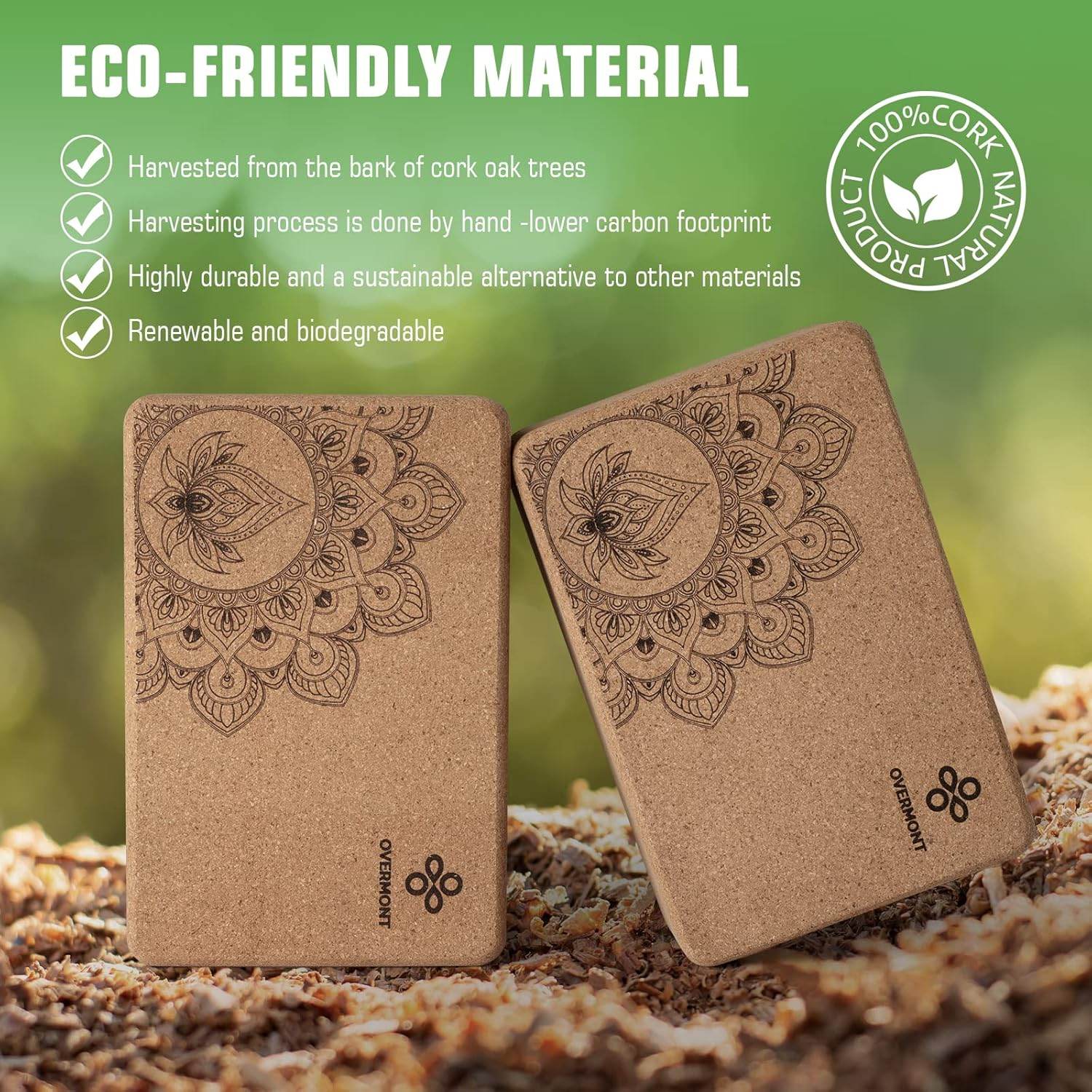 Overmont Cork Yoga Blocks 2 pack with 8ft Strap Set Natural Cork Yoga Bricks- High Density & Eco Friendly Yoga Accessories for Women - Ideal for Yoga Pilates General Fitness and Stretching 9x6x3'' - zenfulharmony.com