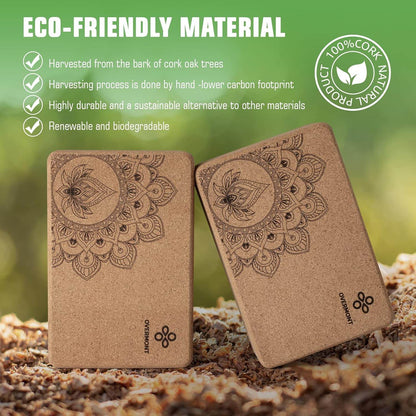 Overmont Cork Yoga Blocks 2 pack with 8ft Strap Set Natural Cork Yoga Bricks- High Density & Eco Friendly Yoga Accessories for Women - Ideal for Yoga Pilates General Fitness and Stretching 9x6x3'' - zenfulharmony.com