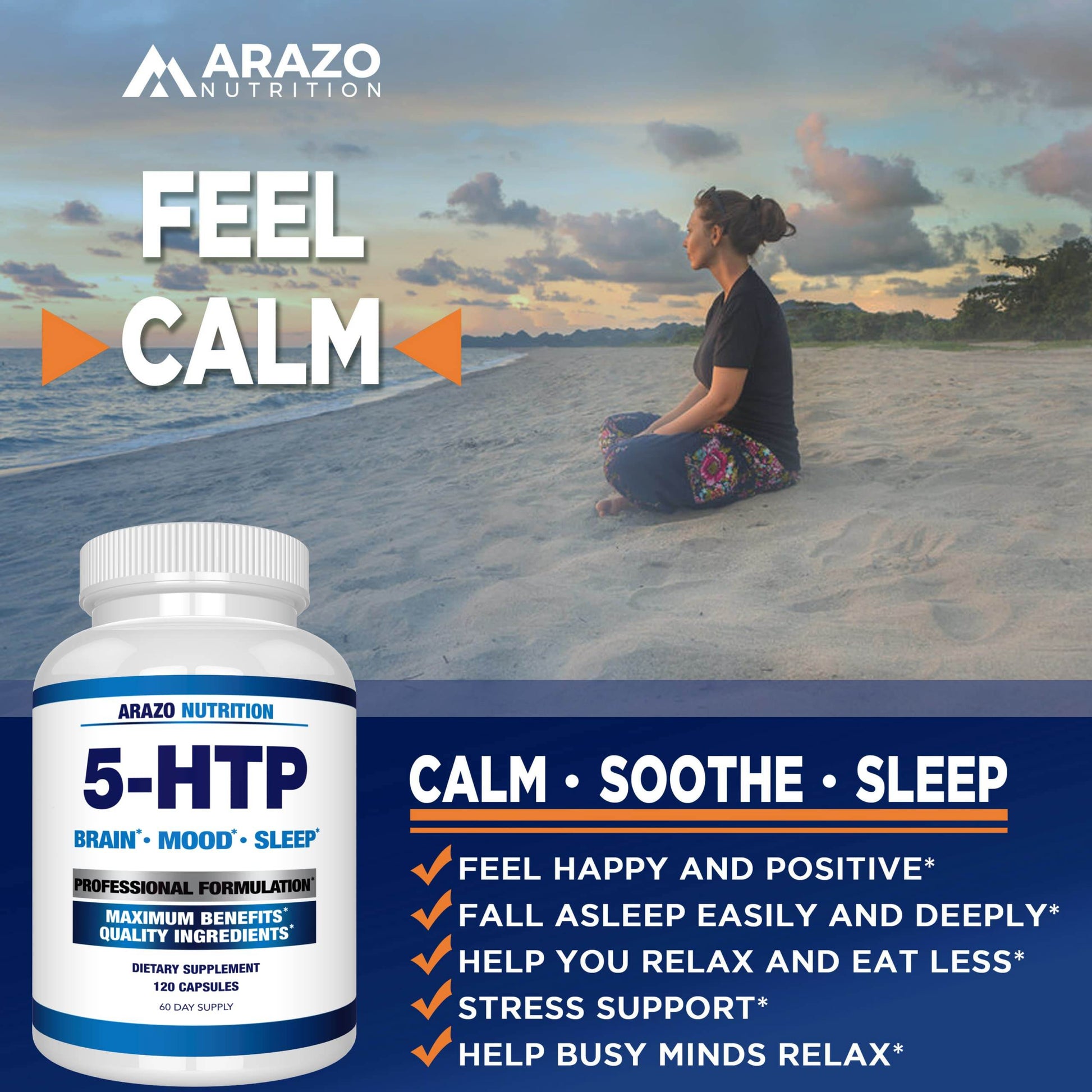 Arazo Nutrition 5-HTP 200 MG Plus Calcium for Mood, Sleep – Supports Calm and Relaxed Mood – 99% High Purity – 120 Capsules - zenfulharmony.com