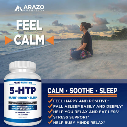 Arazo Nutrition 5-HTP 200 MG Plus Calcium for Mood, Sleep – Supports Calm and Relaxed Mood – 99% High Purity – 120 Capsules - zenfulharmony.com