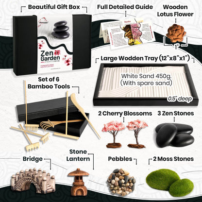 Zen Garden Kit for Desk 12x8in Sand Tray, Japanese Gift Set 14 Accessories and 6 Tools, Meditation Mini Zen Garden for Desk, Zen Sand Garden, Home Office Desk Decorations, Sand Therapy Kit, Rock Decor - zenfulharmony.com