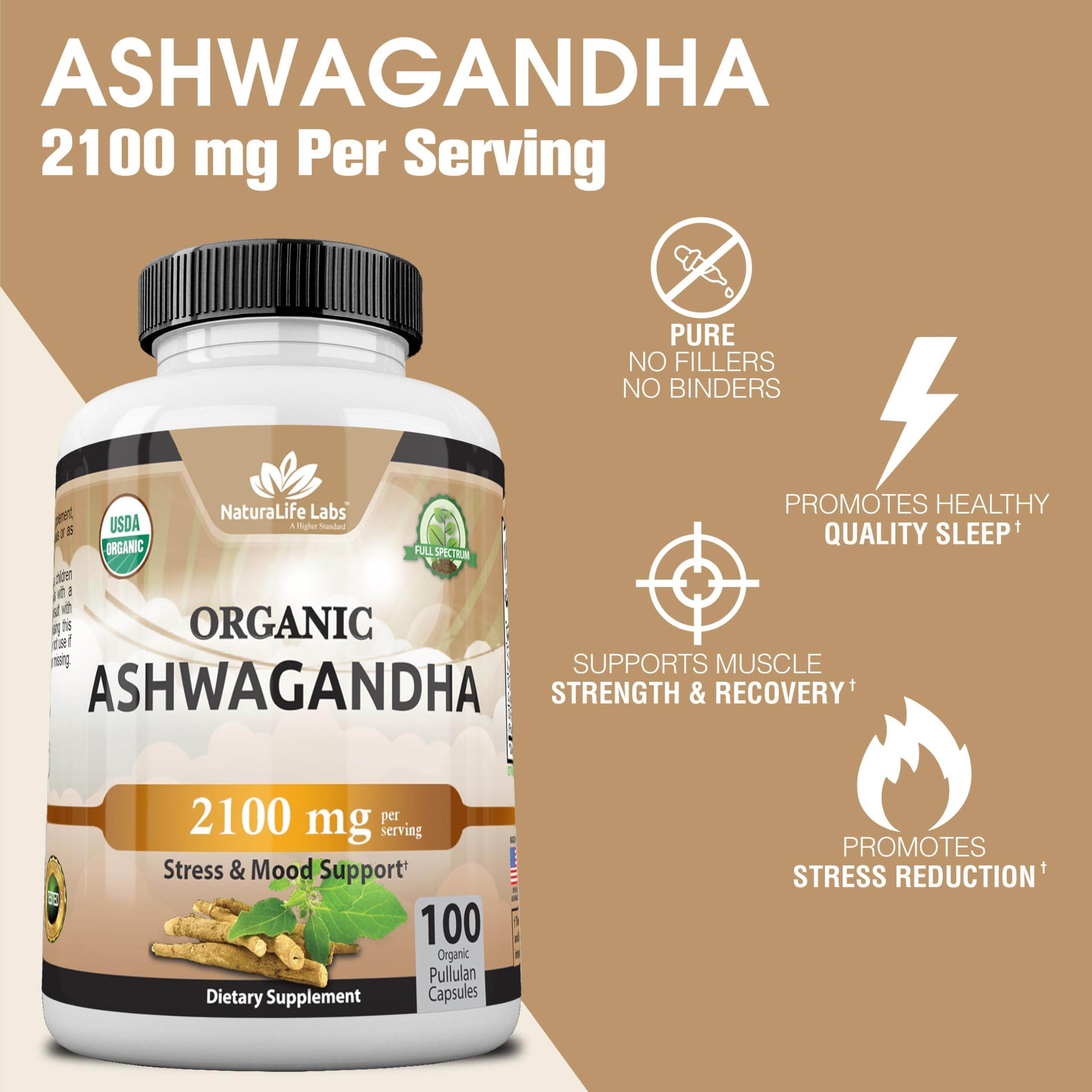 Organic Ashwagandha 2,100 mg - 100 Veggie Capsules Pure Organic Ashwagandha Powder and Root Extract - Stress Relief, Mood Enhancer - zenfulharmony.com