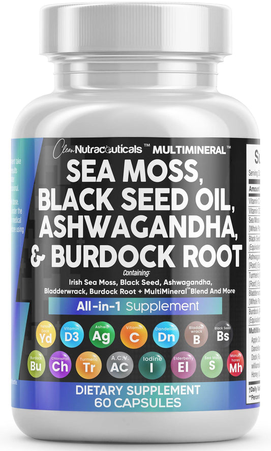 Sea Moss 3000mg Black Seed Oil 2000mg Ashwagandha 1000mg Turmeric 1000mg Bladderwrack 1000mg Burdock 1000mg & Vitamin C & D3 with Elderberry Manuka Dandelion Yellow Dock Iodine Chlorophyll ACV - zenfulharmony.com