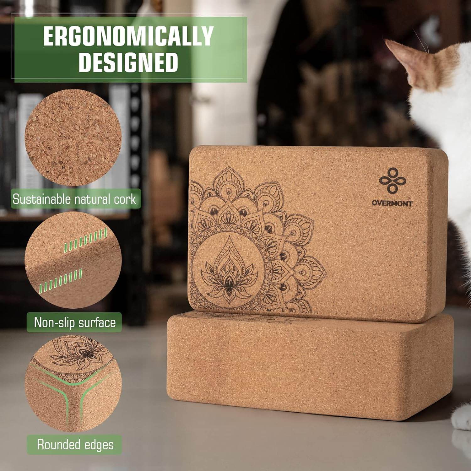 Overmont Cork Yoga Blocks 2 pack with 8ft Strap Set Natural Cork Yoga Bricks- High Density & Eco Friendly Yoga Accessories for Women - Ideal for Yoga Pilates General Fitness and Stretching 9x6x3'' - zenfulharmony.com