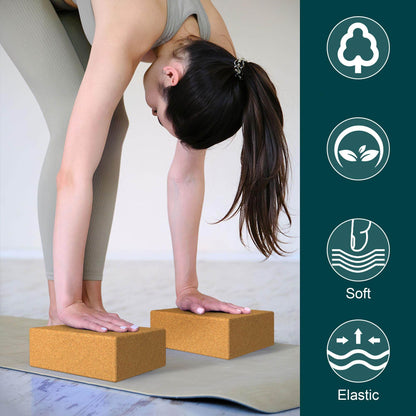 CREHNIL High Density Cork Wood Yoga Blocks 2 Pack Pilates Soft Brick Workout Handstand Set 9x6x3 (Cork) - zenfulharmony.com