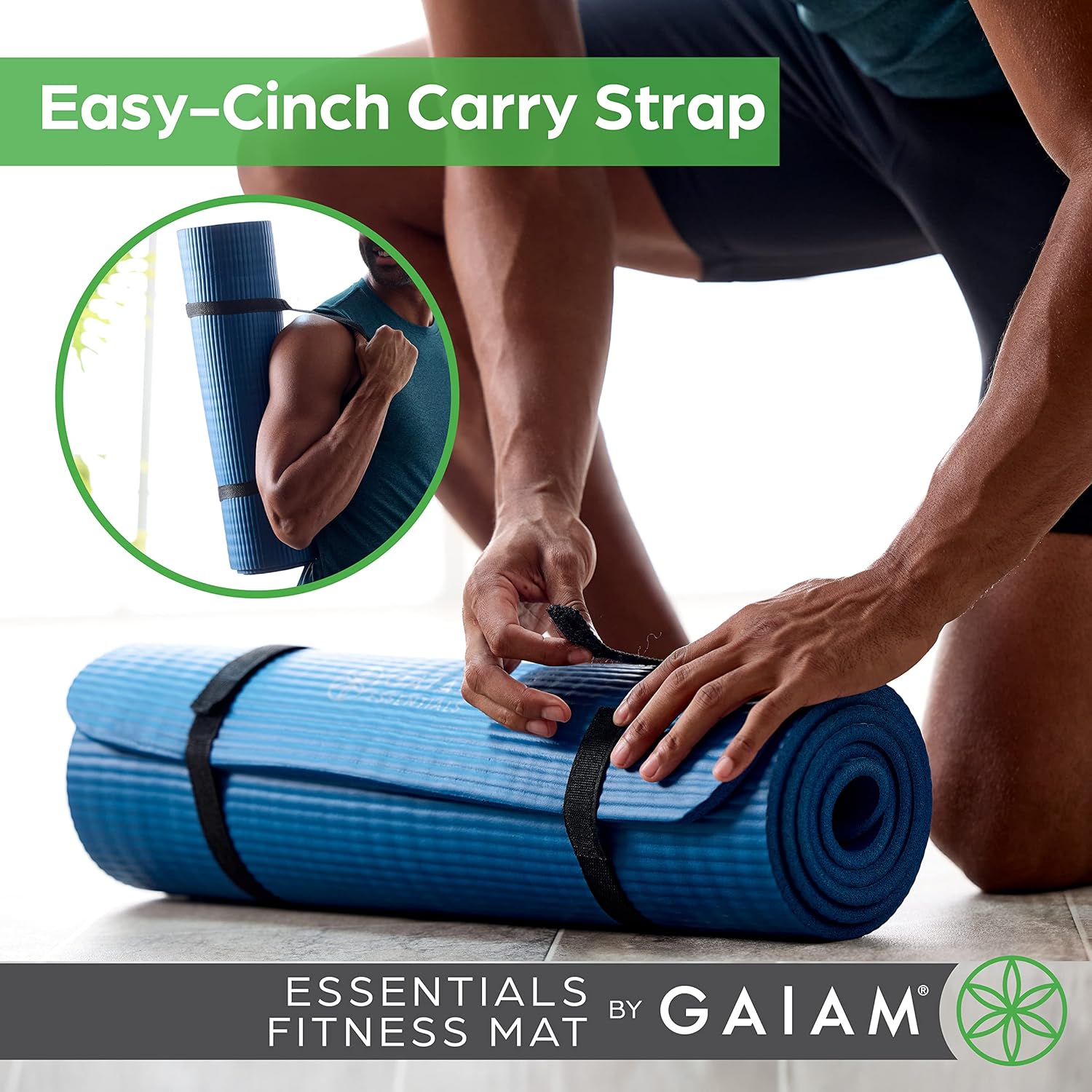 Gaiam Essentials Thick Yoga Mat Fitness & Exercise Mat with Easy-Cinch Yoga Mat Carrier Strap, 72"L x 24"W x 2/5 Inch Thick - zenfulharmony.com