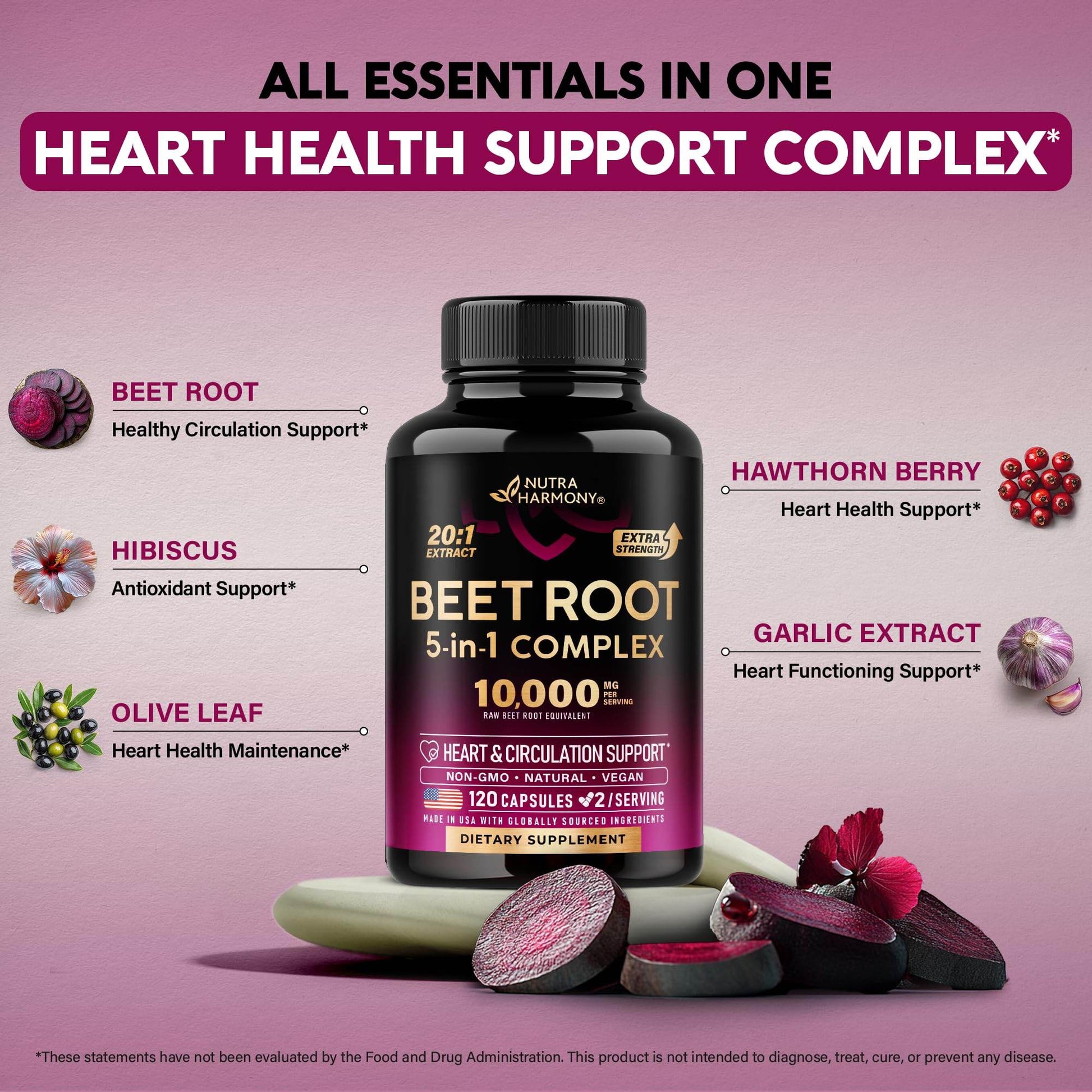 Beet Root Capsules 10000 mg - Healthy Blood Pressure Support Supplement** for Heart & Circulation Support - with Hawthorn Berry, Hibiscus & Garlic - Nitric Oxide for Energy - Made in USA, 120 Capsules - zenfulharmony.com