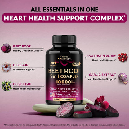 Beet Root Capsules 10000 mg - Healthy Blood Pressure Support Supplement** for Heart & Circulation Support - with Hawthorn Berry, Hibiscus & Garlic - Nitric Oxide for Energy - Made in USA, 120 Capsules - zenfulharmony.com