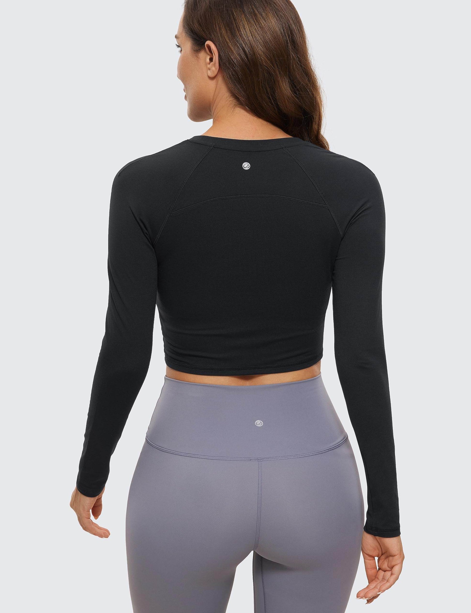 CRZ YOGA Womens Long Sleeve Crop Workout Tops Athletic Yoga Running Cropped Tops Slim Fit Gym Shirts Black Small - zenfulharmony.com