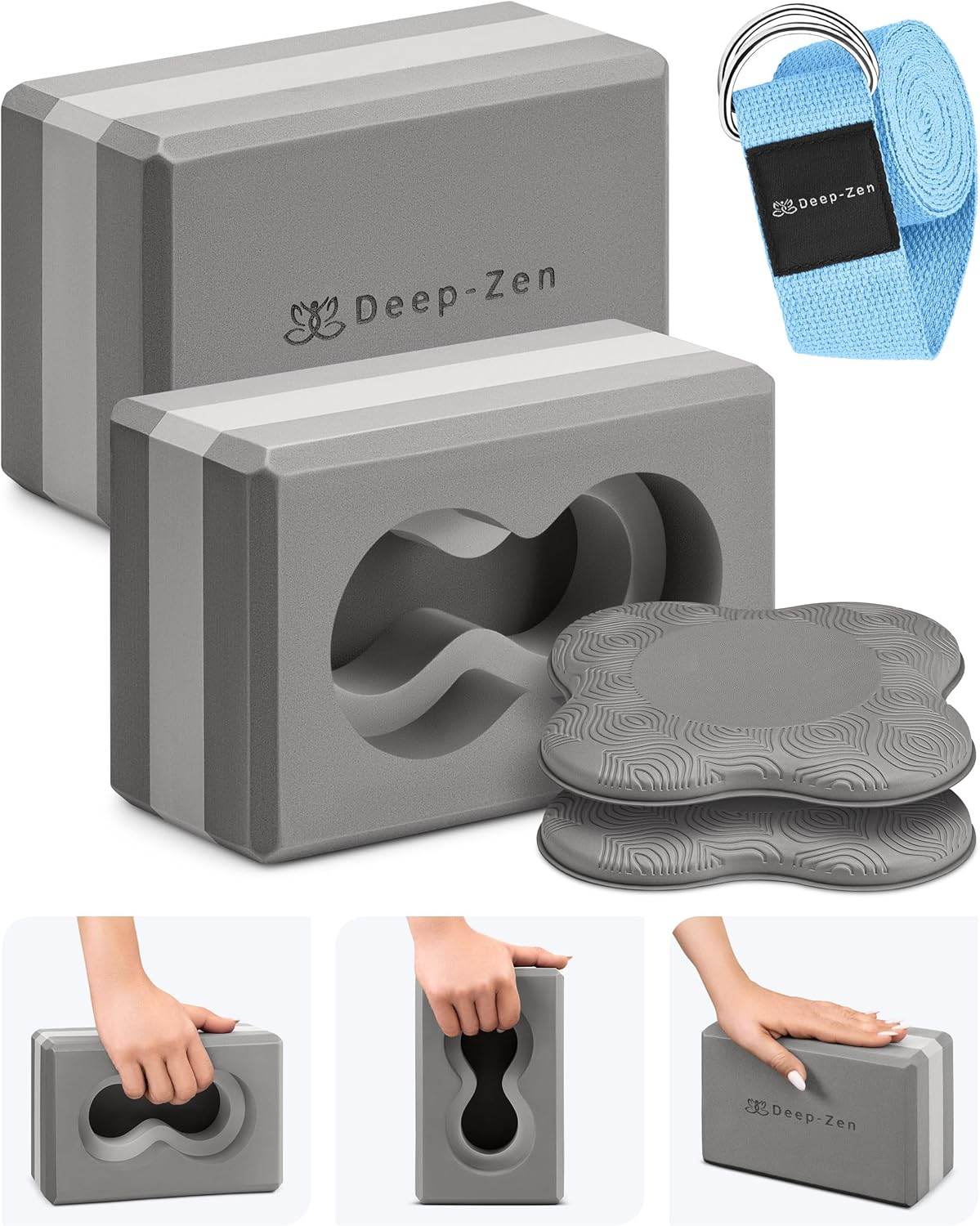 Deep-Zen® Yoga Blocks Wrist Support; Yoga Blocks 2 Pack with Knee Pads and Strap to Put Less Weight on Wrists; Durable, Versatile Yoga Brick Exercise Block Set, Blocks Yoga - zenfulharmony.com